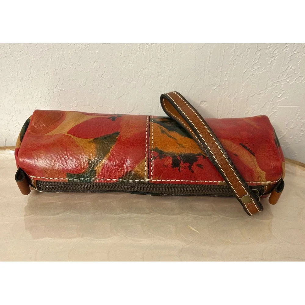 Patricia Nash Leather Floral Cylinder Wristlet Pouch Red Orange
